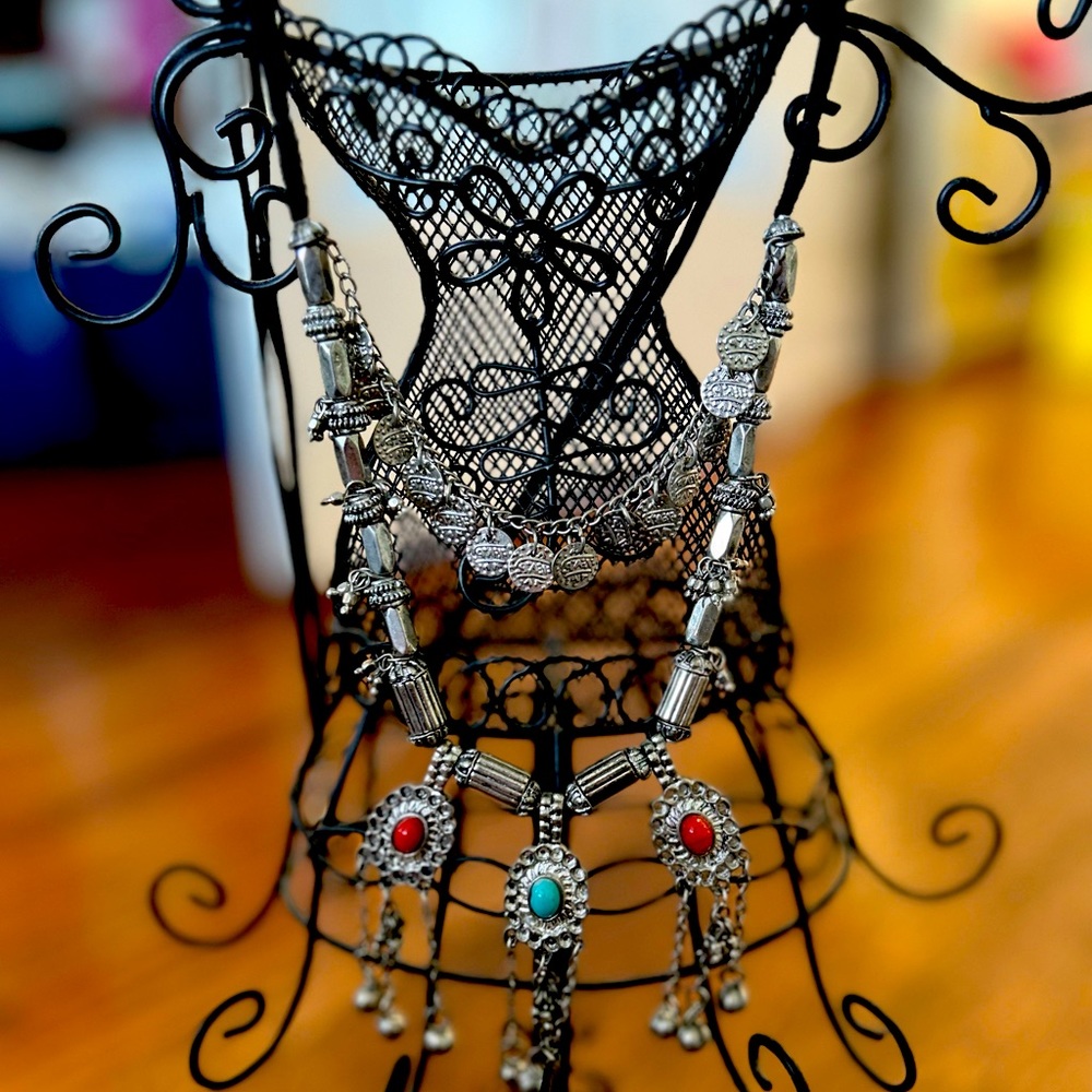 Turquoise, Red and Silver Boho Necklace